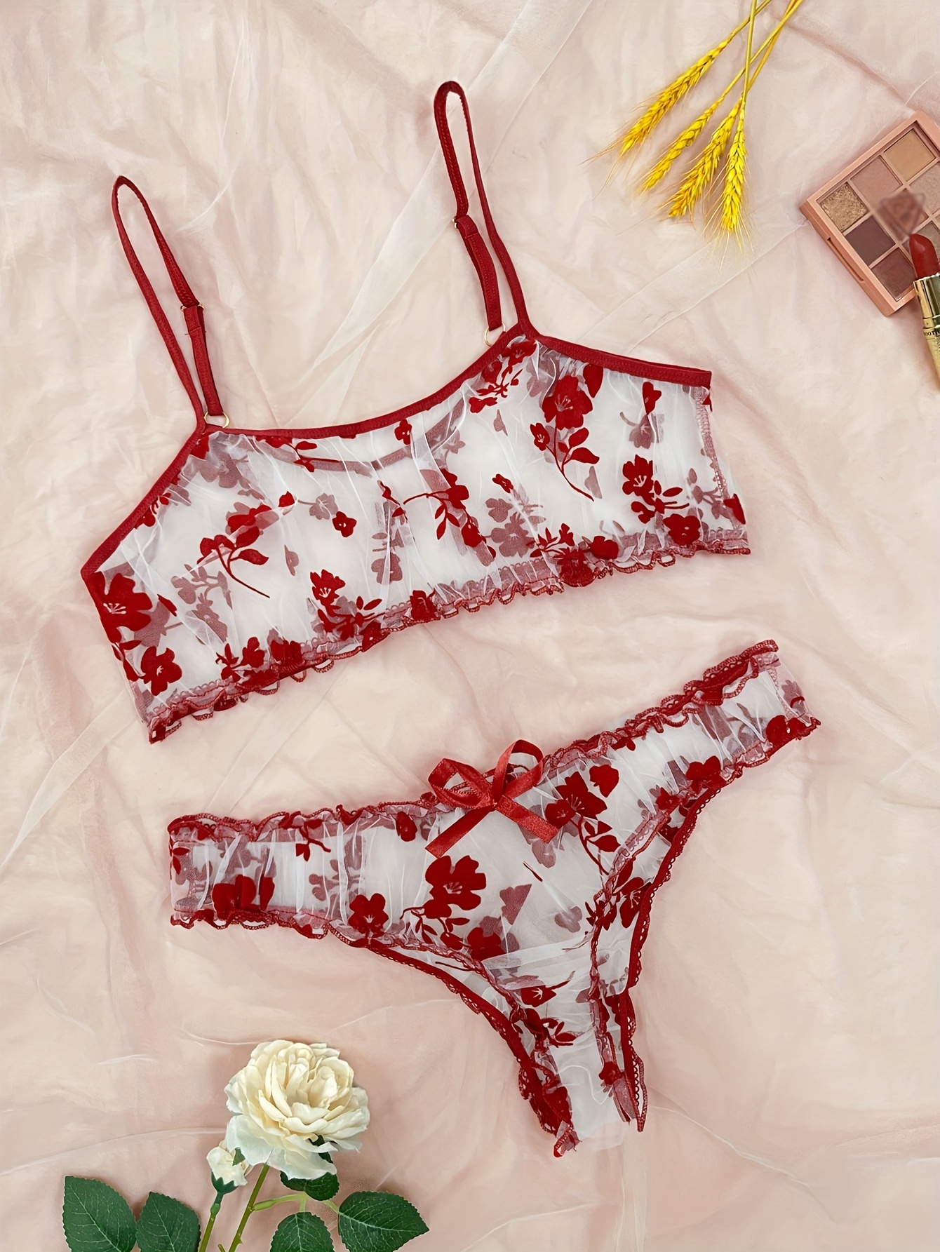 Petite Red Strappy Sheer Lace Bodysuit. Petite