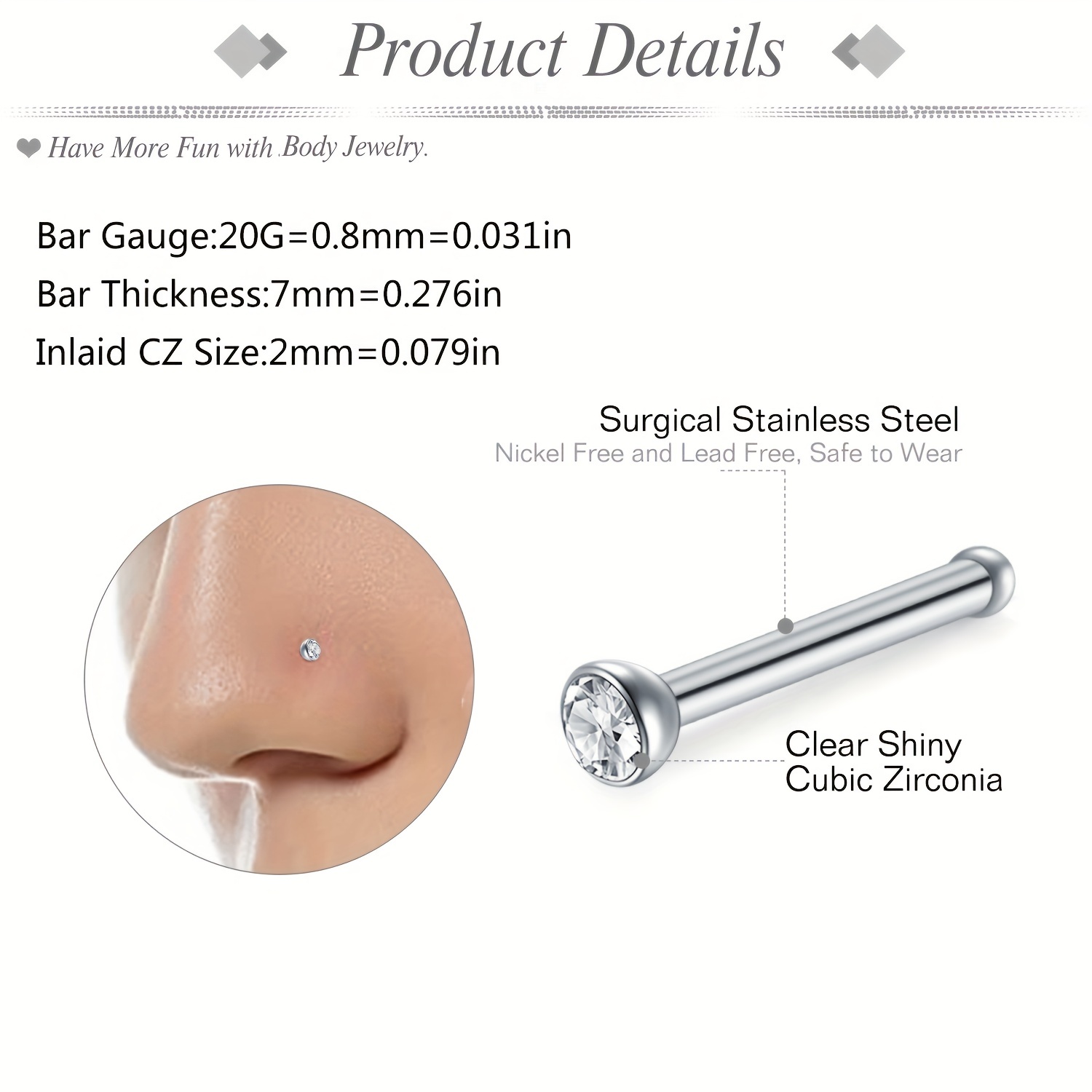 Nose Stud Surgical Steel Clear L-Shape Pin Straight Piercing 1.5mm 2mm  2.5mm 3mm