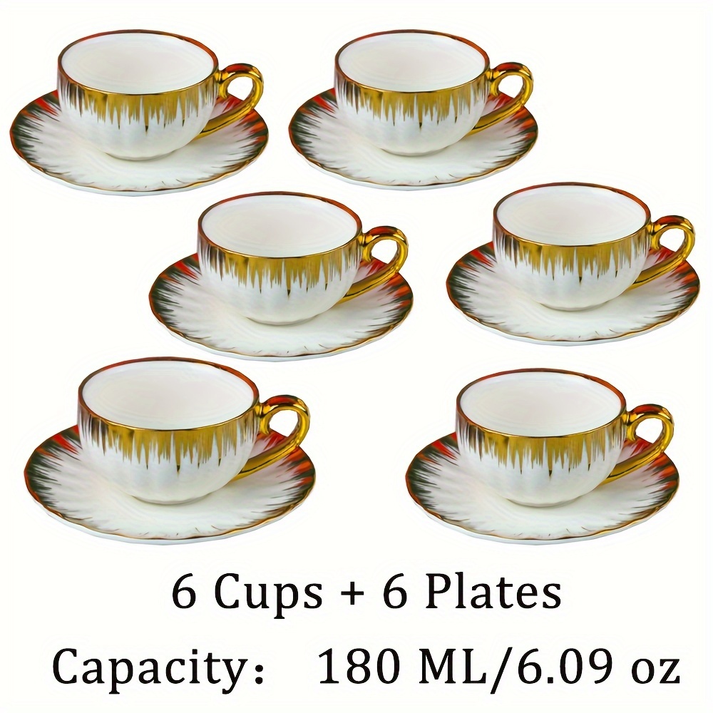 Foraineam Juego de 6 tazas de té y platillos, juego de tazas de té floral  con borde dorado, tazas de café marfil de porcelana de 6 onzas con  platillos