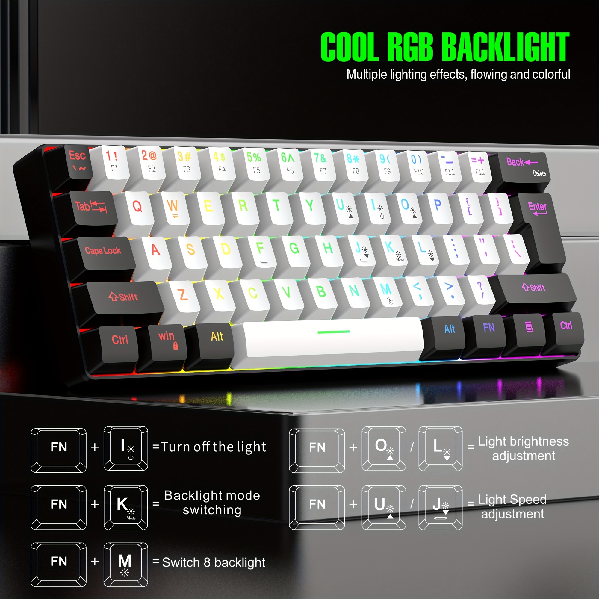 New 61 Keys Membrane Keyboard White And Black Rgb Mini - Temu
