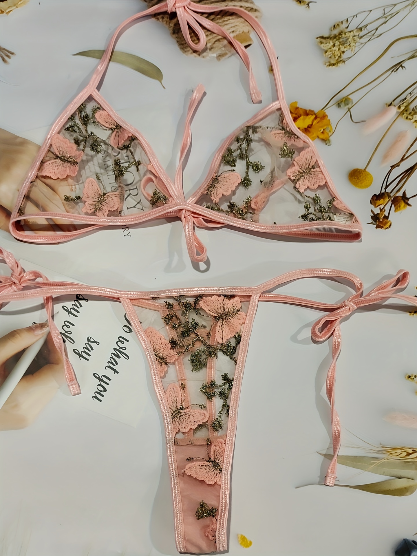 Dessous-Set Mit Blumenstickerei, Ungefütterter Netz-BH Und Tanga, Sexy  Dessous Und Unterwäsche Für Damen