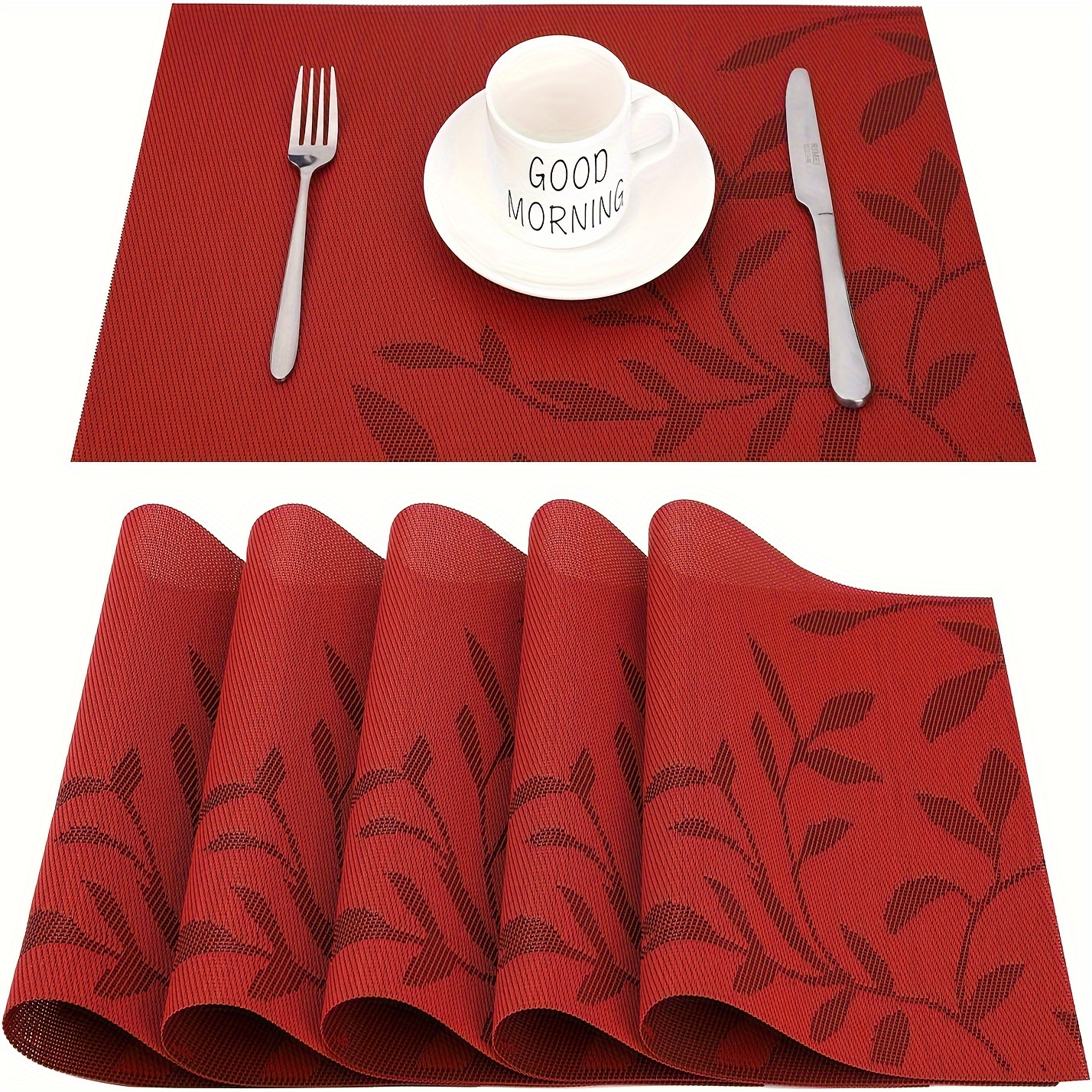 Placemats Set of 6, Red Vinyl Placemat for Dining Table, Home