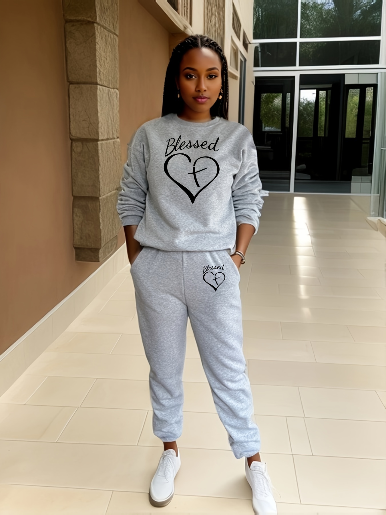 Casual Two piece Set Blessed Heart Print Long Sleeve - Temu United Kingdom