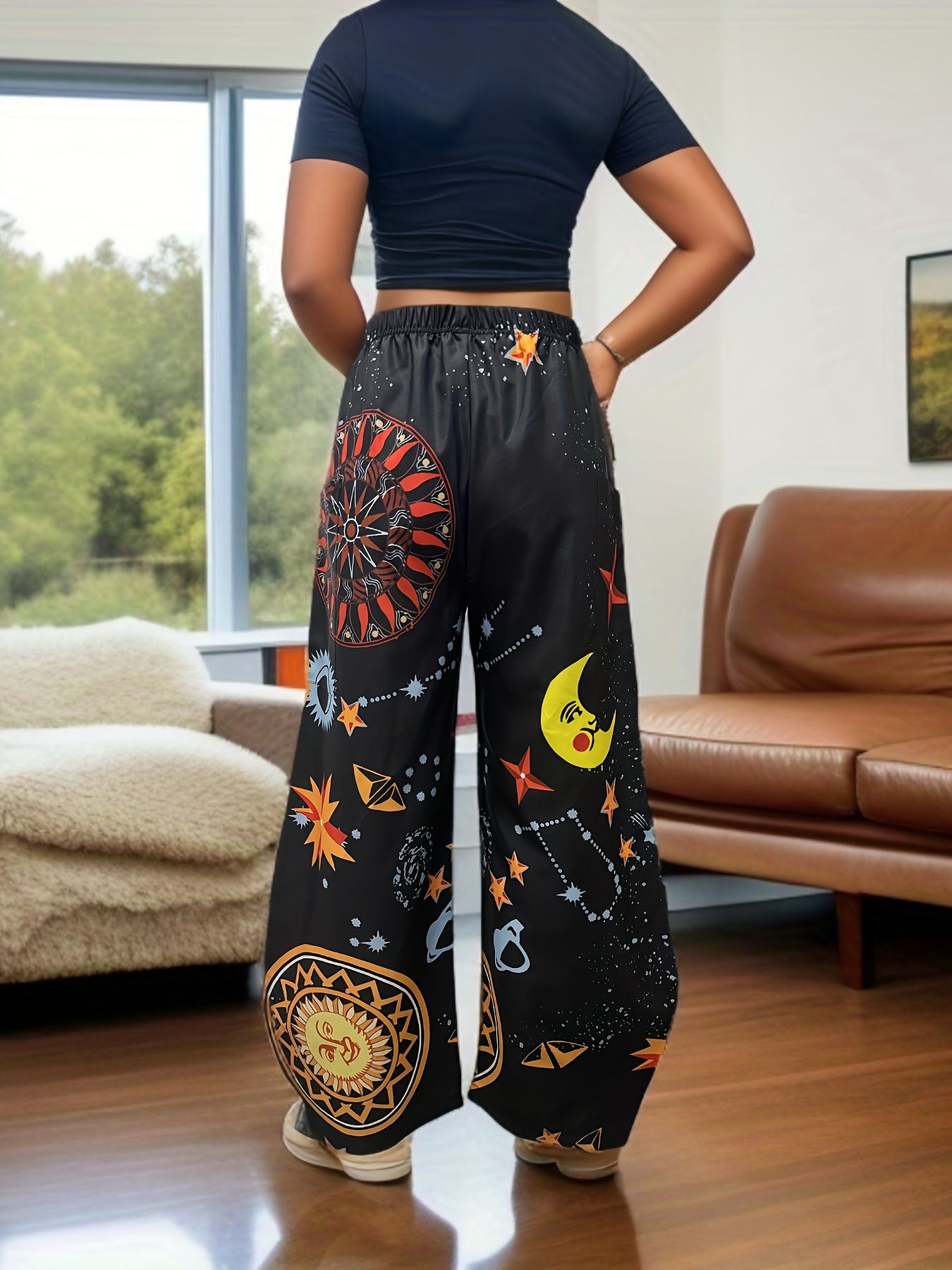 Sun & Moon Print Wide Leg Pants, Casual Dual Pockets Loose Pants, Women's  Clothing