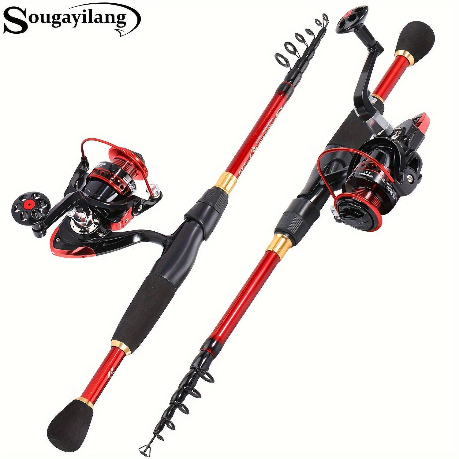 Sougayilang 5 Section Red/Yellow Fishing Set 170cm Fishing Rod and  YW/OE1000-3000 Spinning Reel