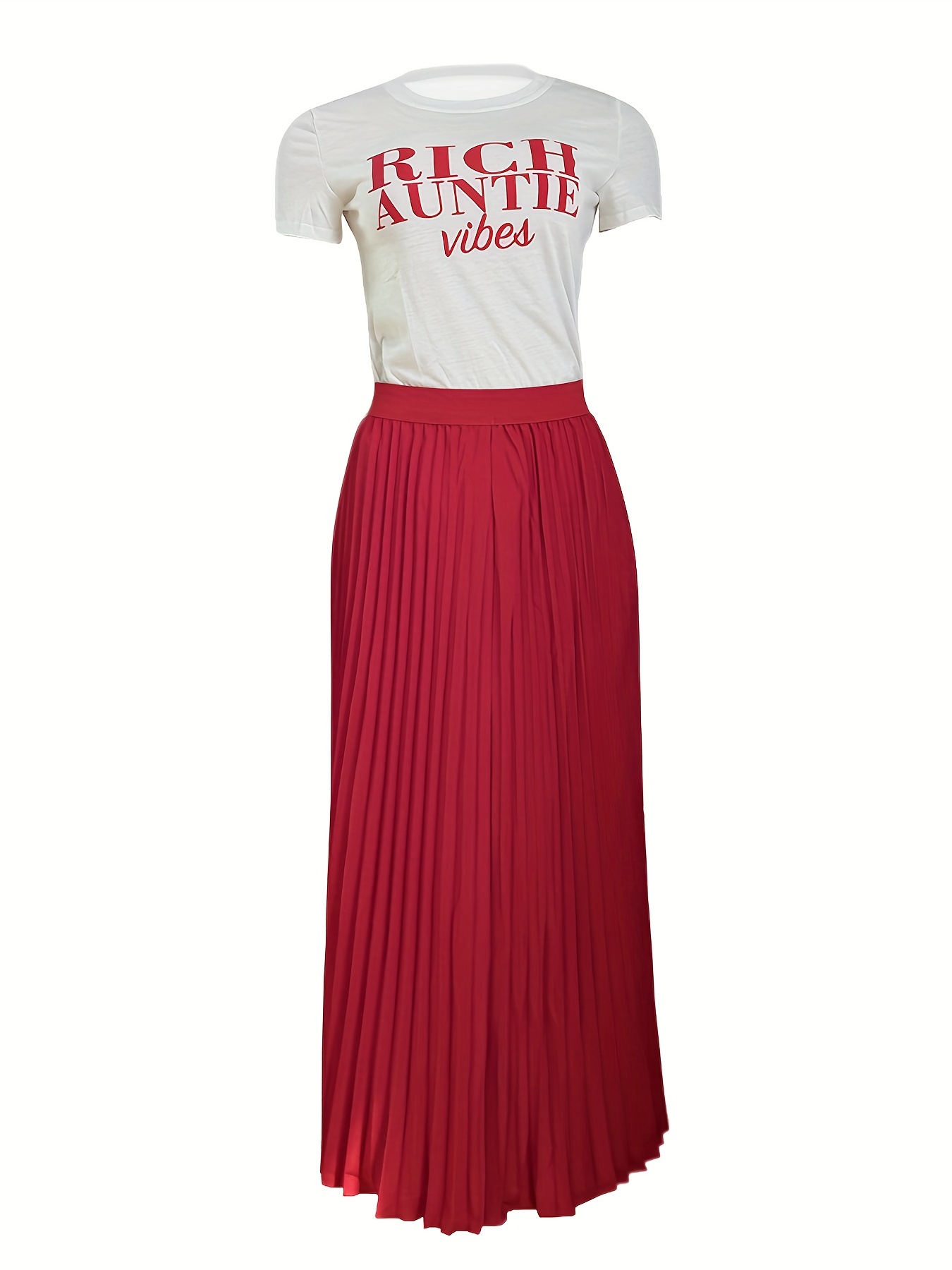 Letter Print Top & Pleated Maxi Skirt Set Women's Outfit