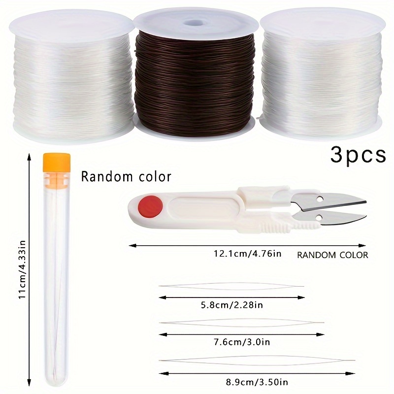 4 rollos de hilo elástico para pulseras, cuerda de cuentas transparente con  2 tamaños de agujas de cuentas de ojo grande y botella de aguja, hilo