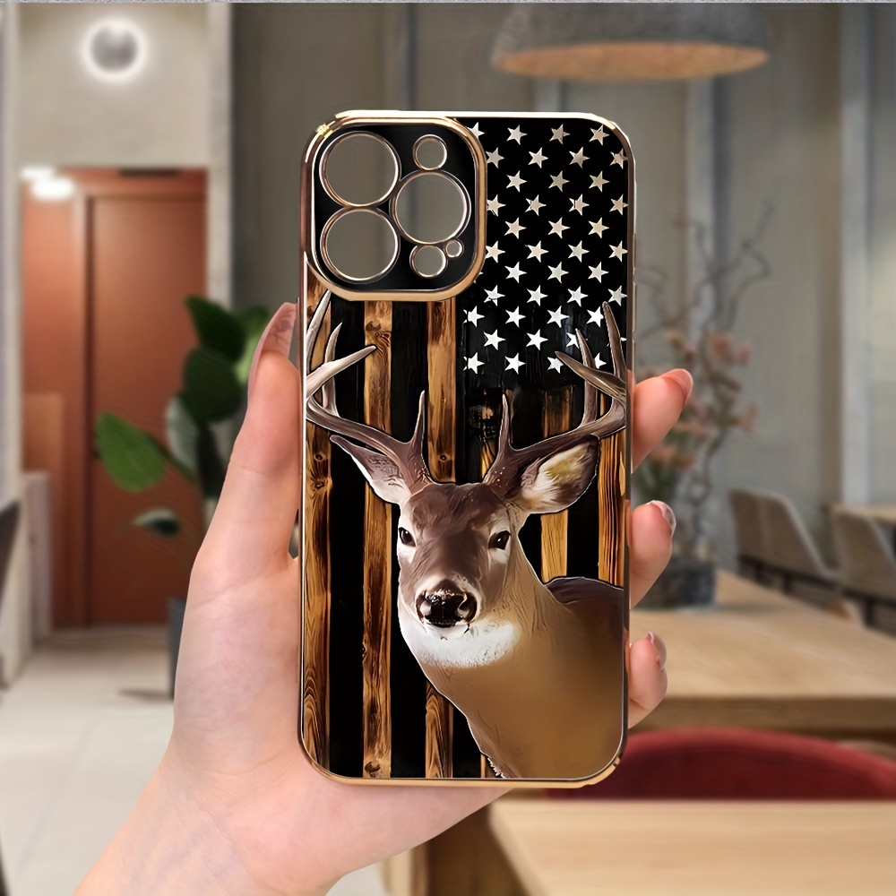 Deer Hunting Wood Grain Flag Of The United States Fashion Electroplated Phone Case For IPhone 14 13 12 11 Plus Pro Max Anti Fall Phone