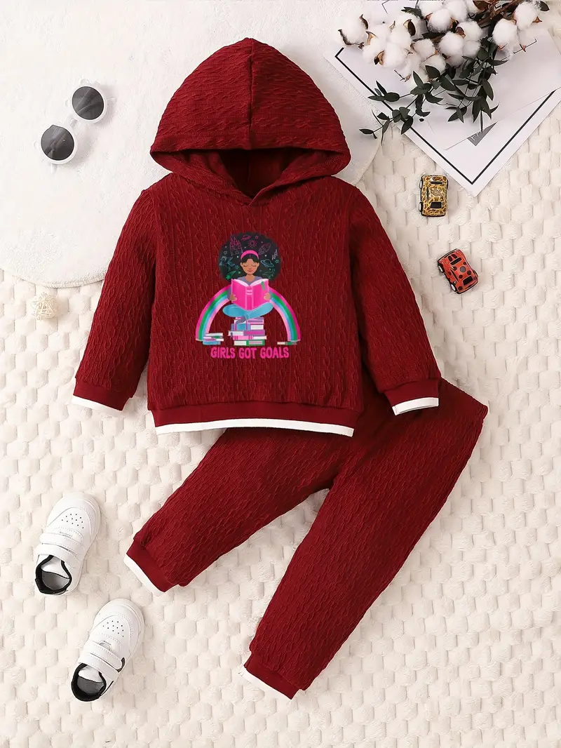 2pcs reading girl print outfit girls jacquard hoodie sweatpants set toddler kids clothes for spring fall details 5