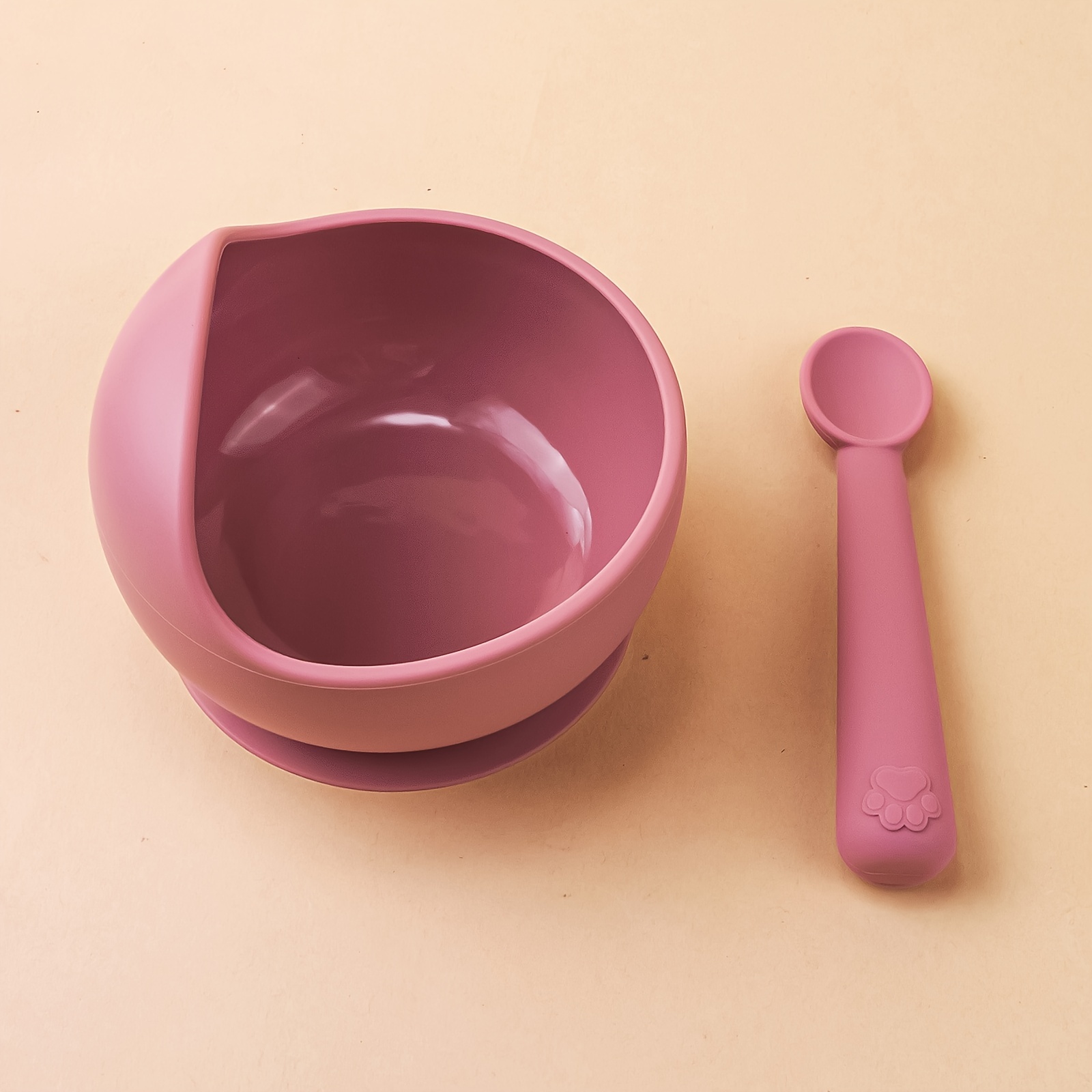 Pink Silicone Suction First Feeding Set with Bowl, Spoon + Lid