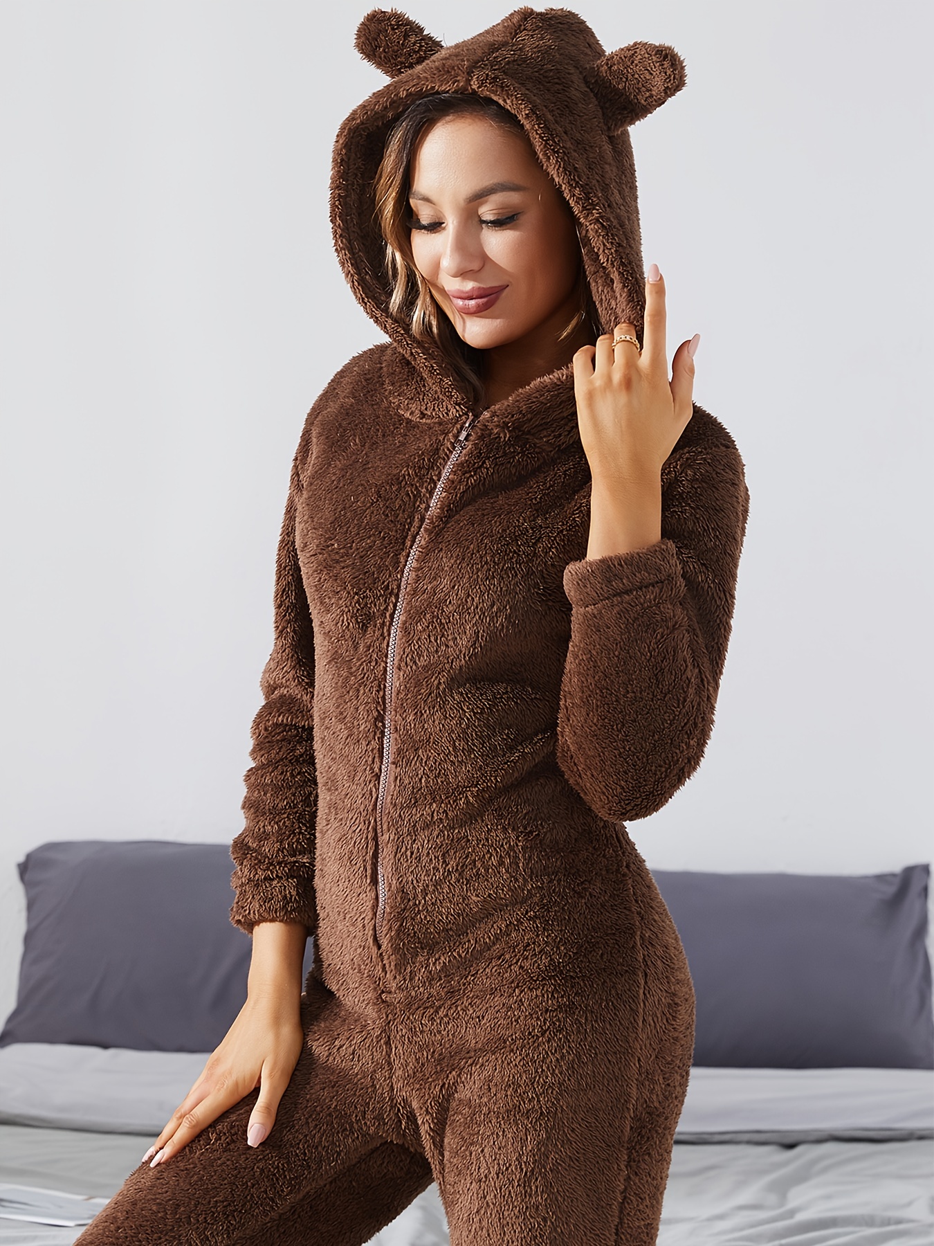 Solid Fuzzy Hooded Lounge Jumpsuit Long Sleeve Zipper - Temu