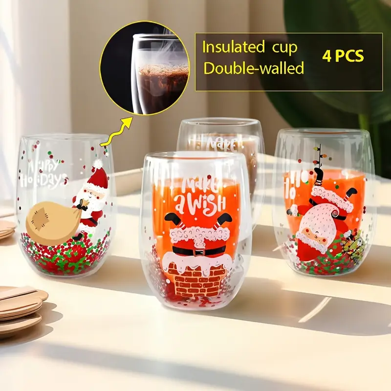 Santa Cartoon Drinking Glasses Double Wall Heat Insulated - Temu