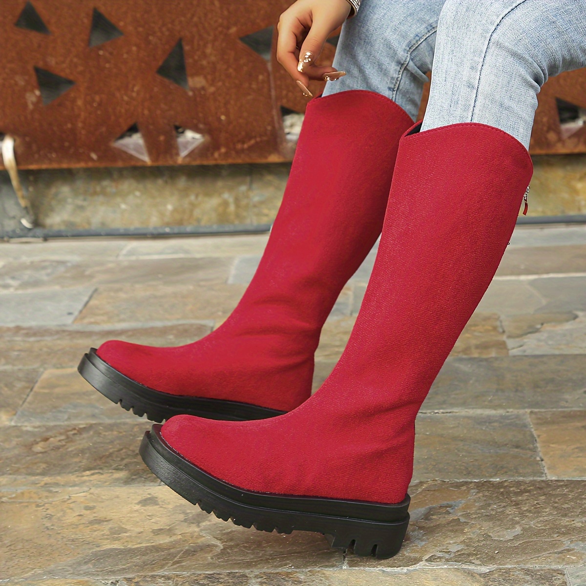 boots with red zipper on back