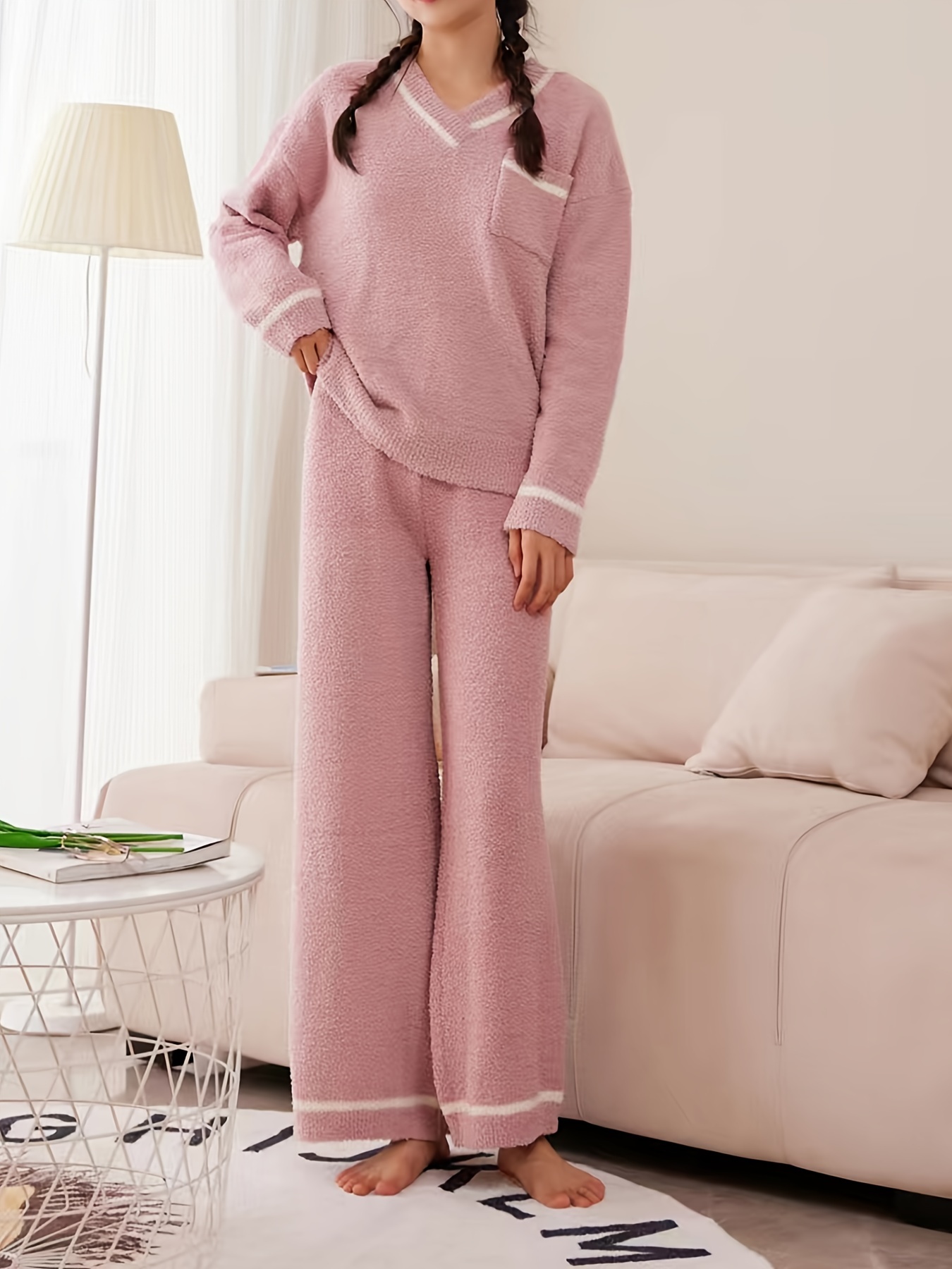 Contrast Lace Shirred Waist Pajama Set