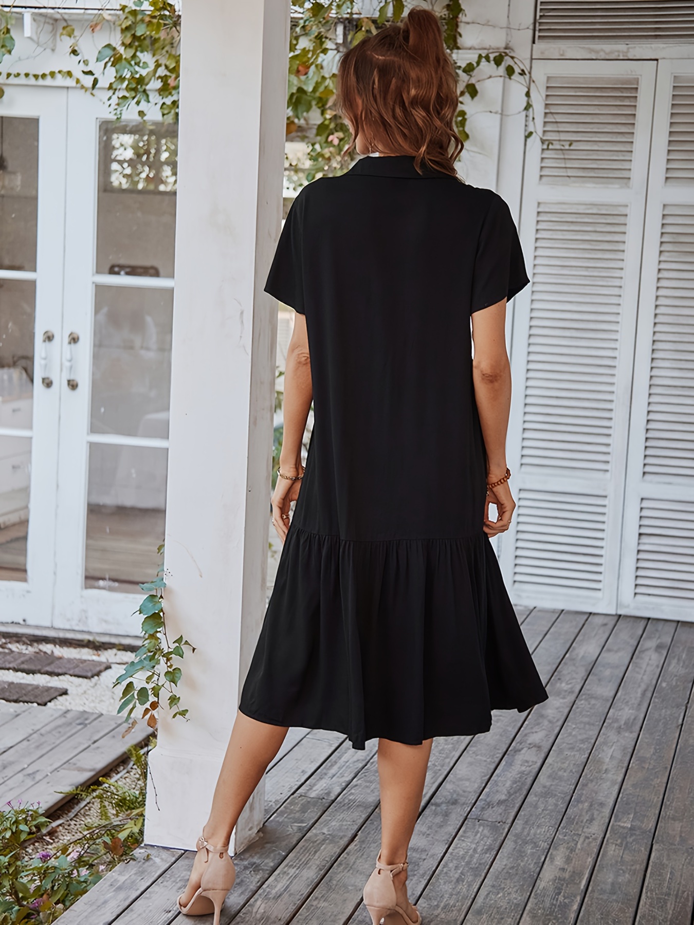 Elegant V neck A line Dress Casual Button Short Sleeve Solid Temu