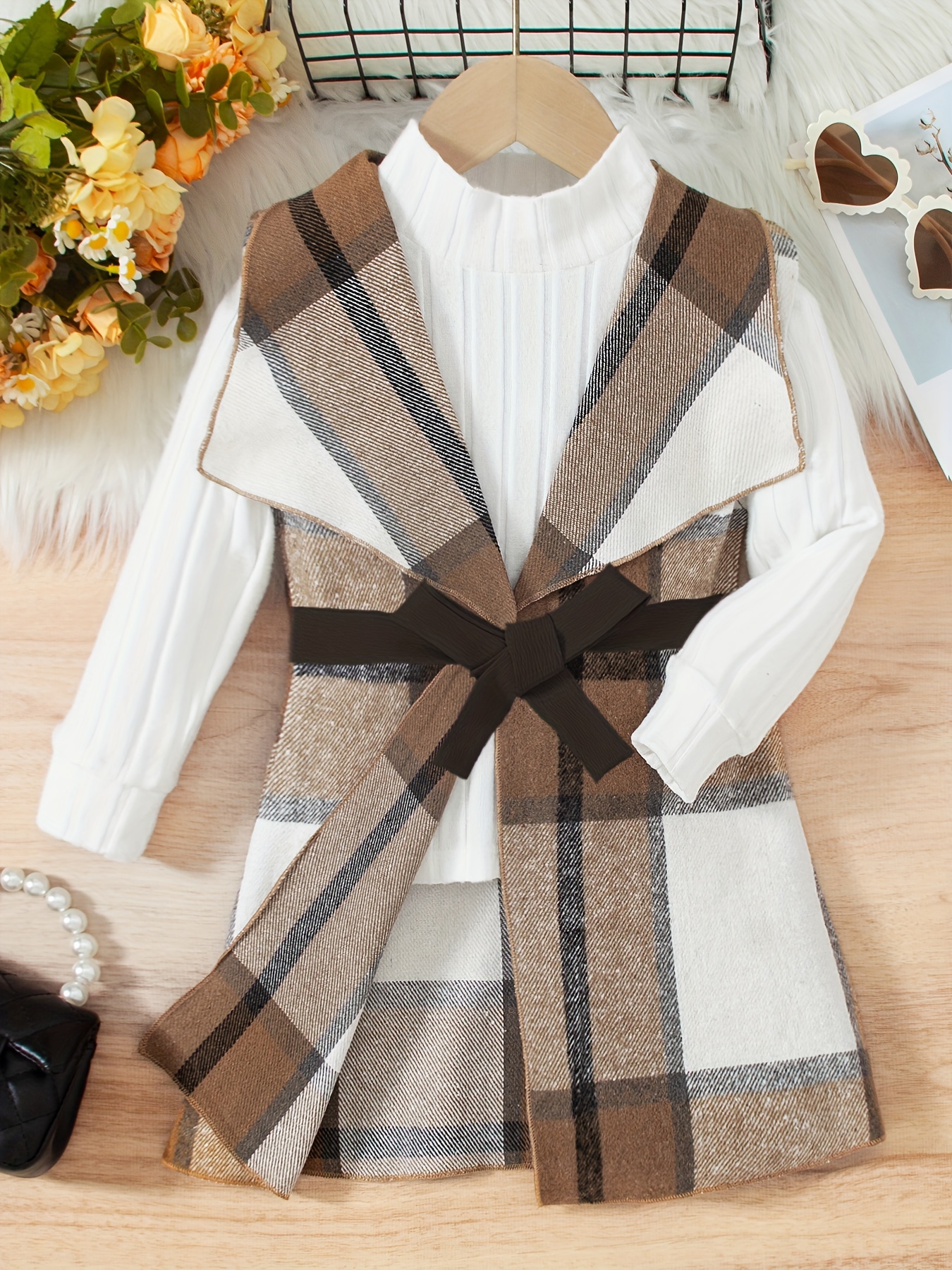 2pcc Solid Long Sleeve Top + Plaid Sleeveless Outerwear Set - Temu