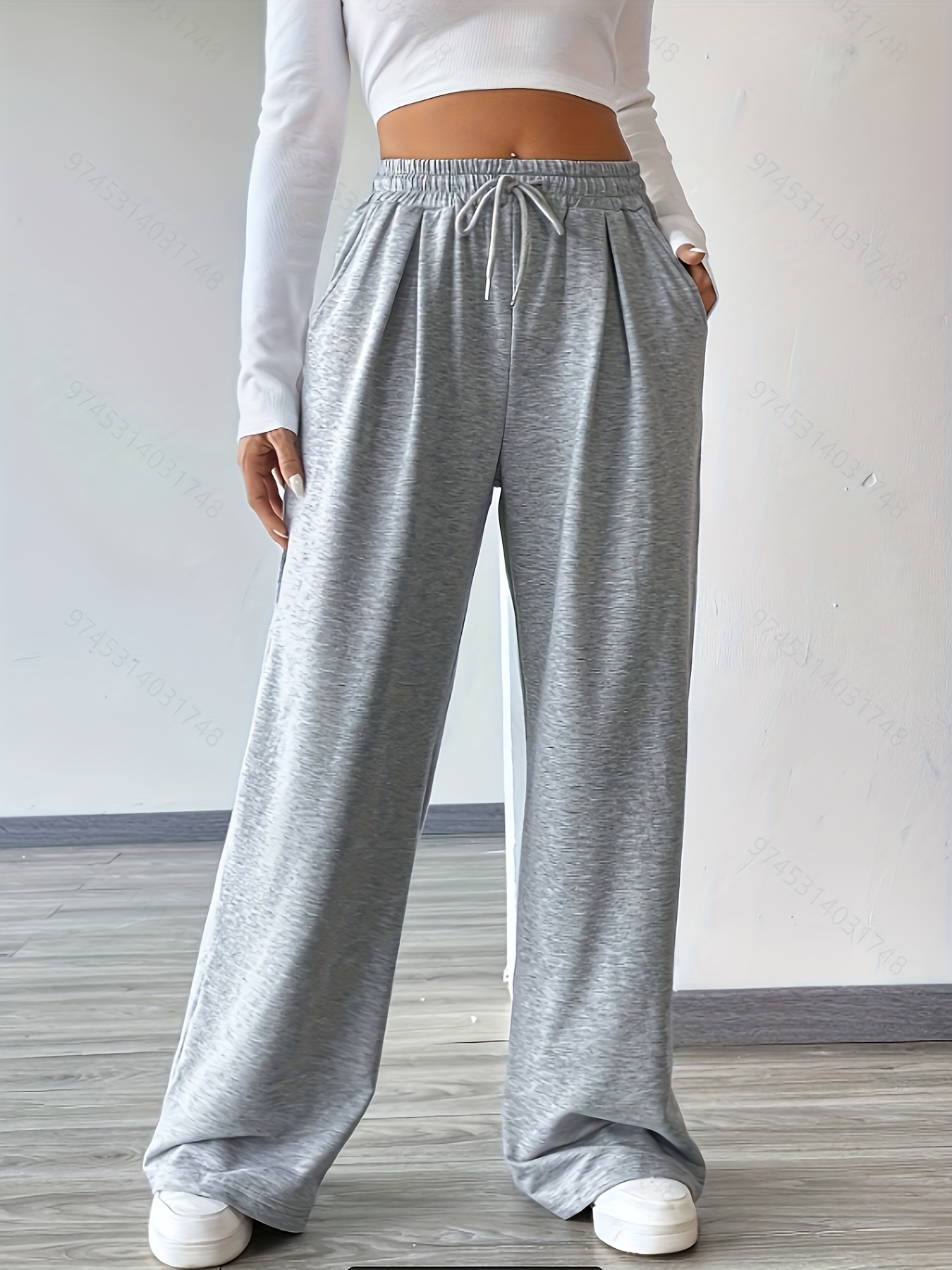 Solid Slim Flare Leg Sweatpants, Casual Drawstring Pocket Pants, Women's  Clothing