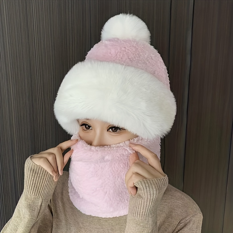 

Women's Autumn/winter Hat Scarf Integration, Ear Protection Warm Hooded Neck Gaiter, Thickened Warm Coldproof Plush Hat Scarf With Pom Pom