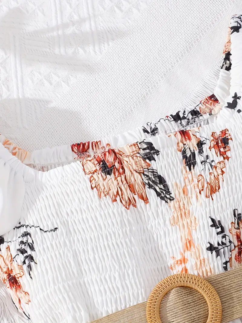 girls floral print shirred short sleeve casual dress belt for summer details 5