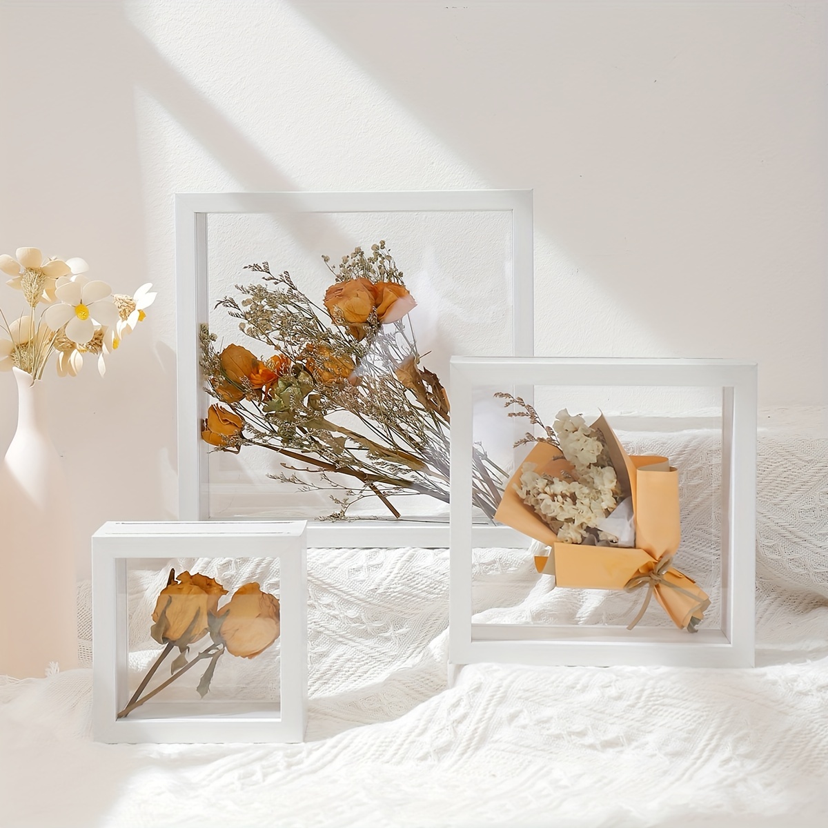 Clear Frame Wood Dried Flower Display Stand Shadow Box Frame for