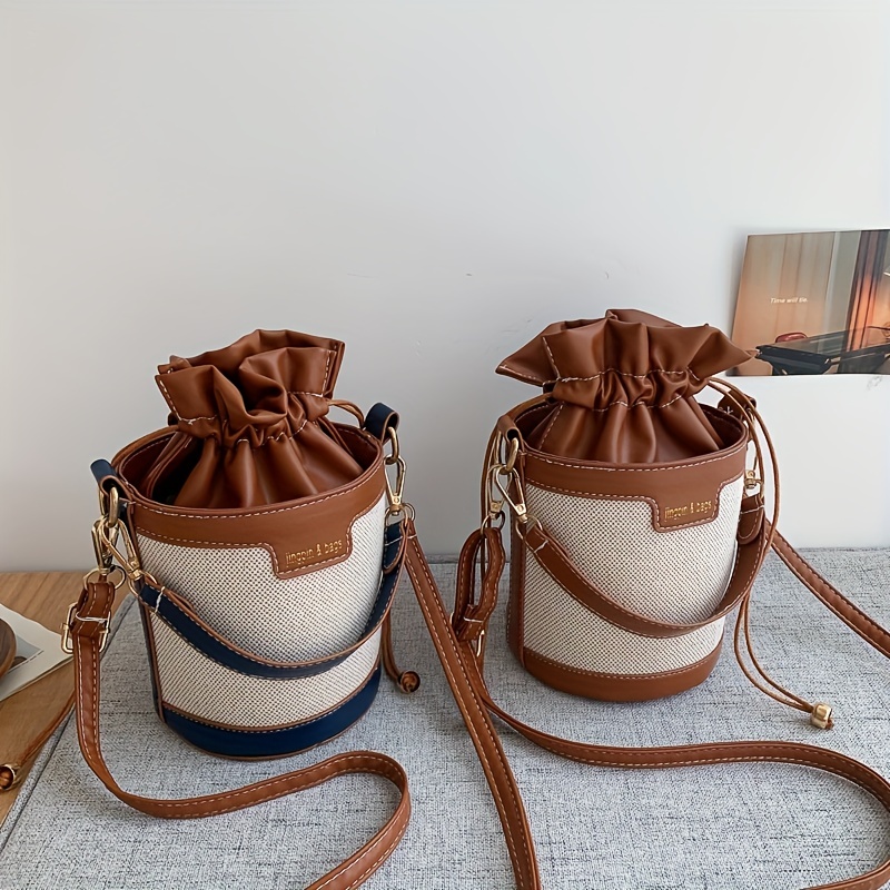 Two Tone Canvas Bucket Bag Drawstring Design Crossbody Bag Mini 