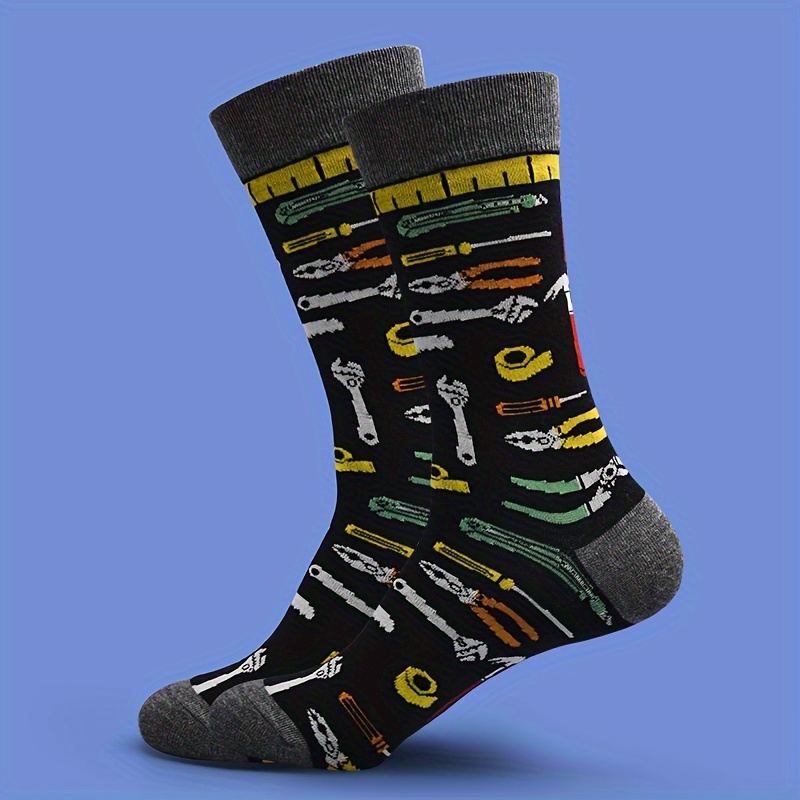 A Pair Of Unisex Socks With A Trendy And Stylish Tool Pattern, Designed For And Mid-calf Length