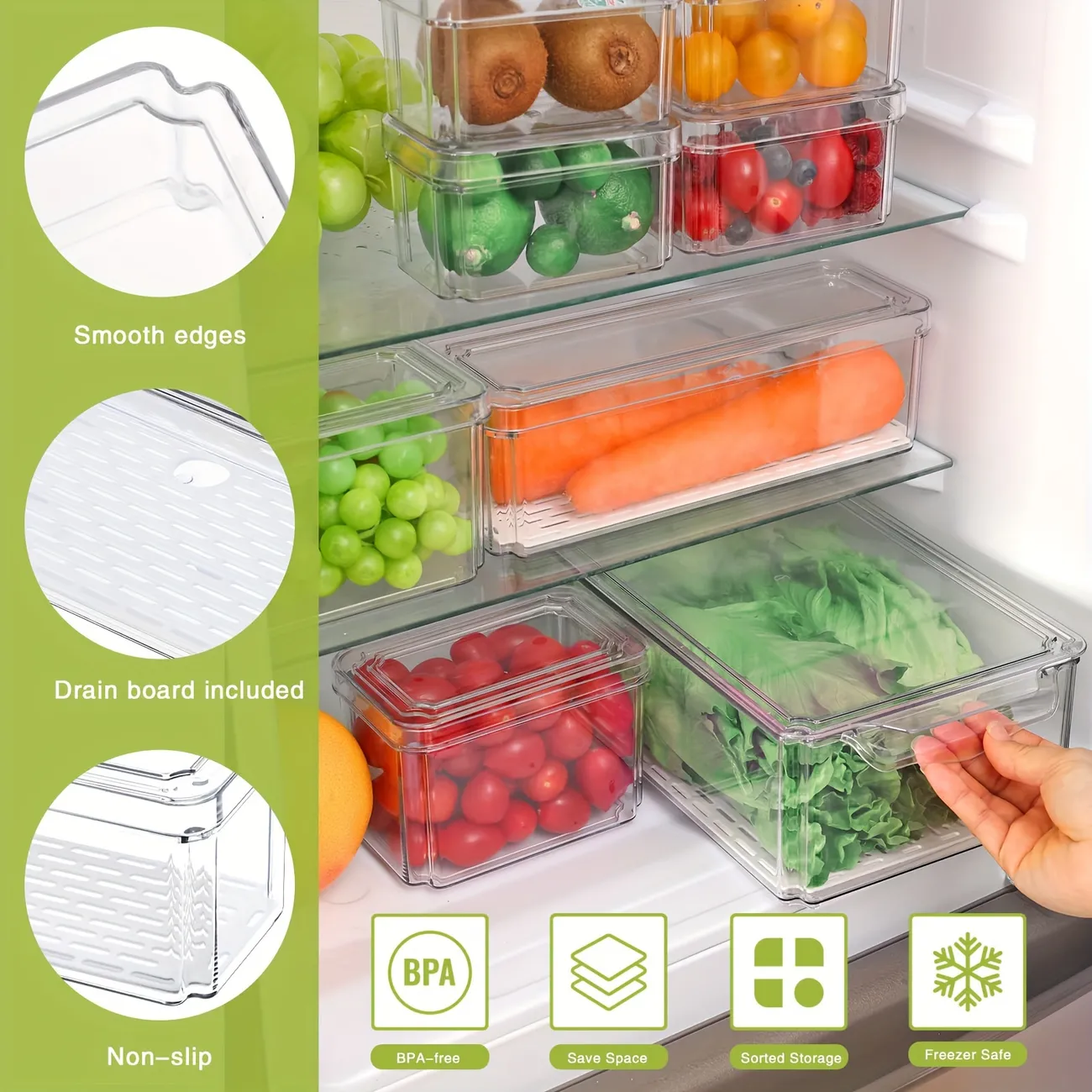 Fruit Storage Containers For Fridge Organizer Vegetable Fresh Food Keeper  Produce Saver Refrigerator Reusable 4 Pack Box Multi-Size Large Capacity