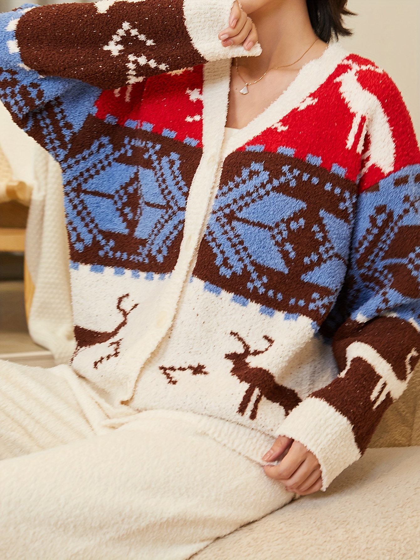Women's Christmas Cute Deer Pattern Comfortable Thermal Pajama Set