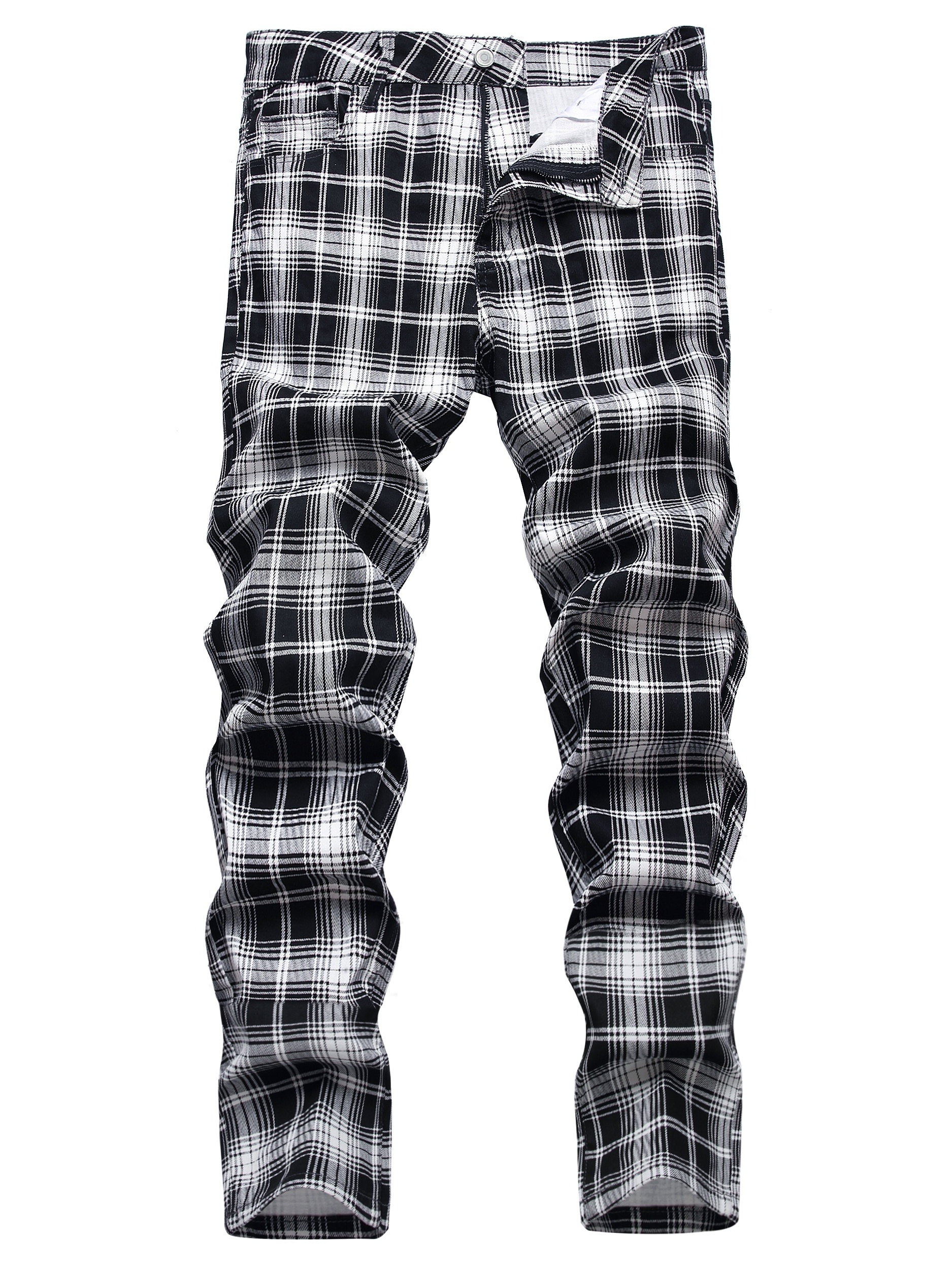 Men's Slim Fit Plaid Pattern Mid Stretch Jeans for All Seasons