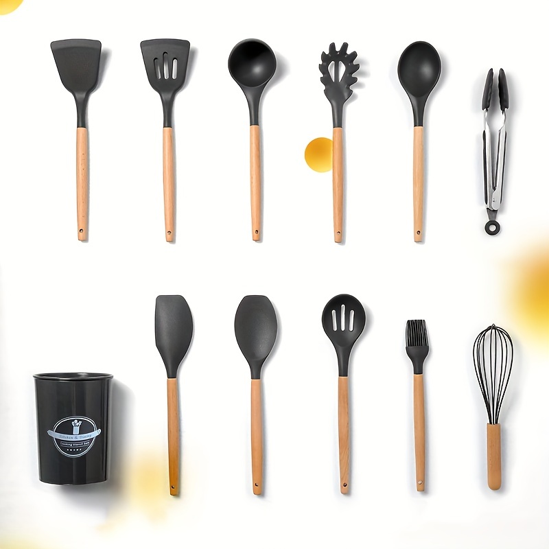 Wooden Handle Silicone Kitchenware Set Cooking Shovel Spoon Set Storage  Bucket Kitchen Utensils - Temu