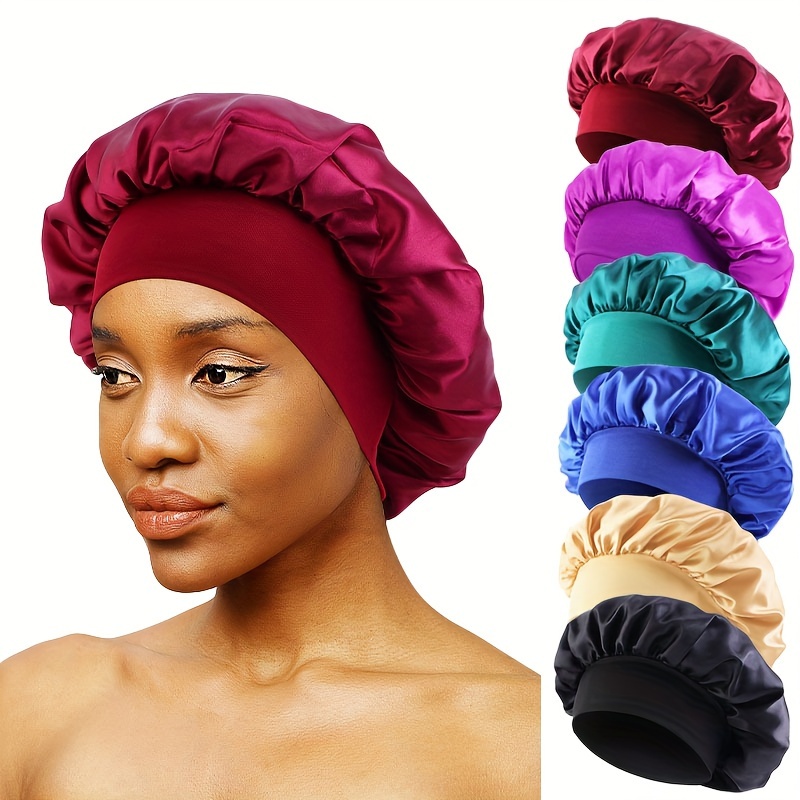 

6pcs/set Satin Bonnet Colorful Wide Brimmed Sleeping Cap Beauty Hair Care Cap For All Hair Types