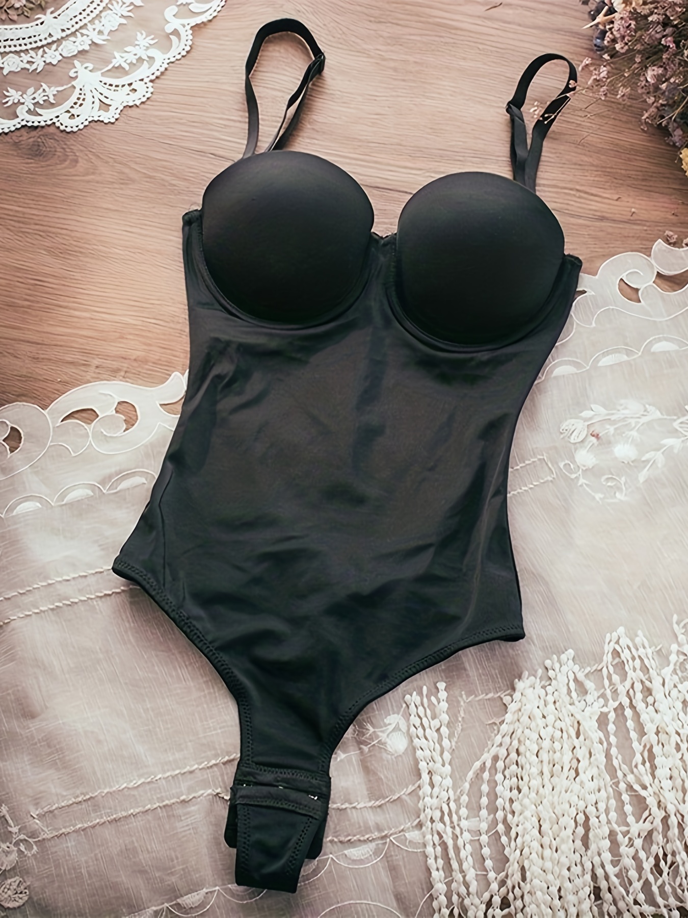 Lover-Beauty Black Thong Bodysuit for Women Tummy Control Deep V