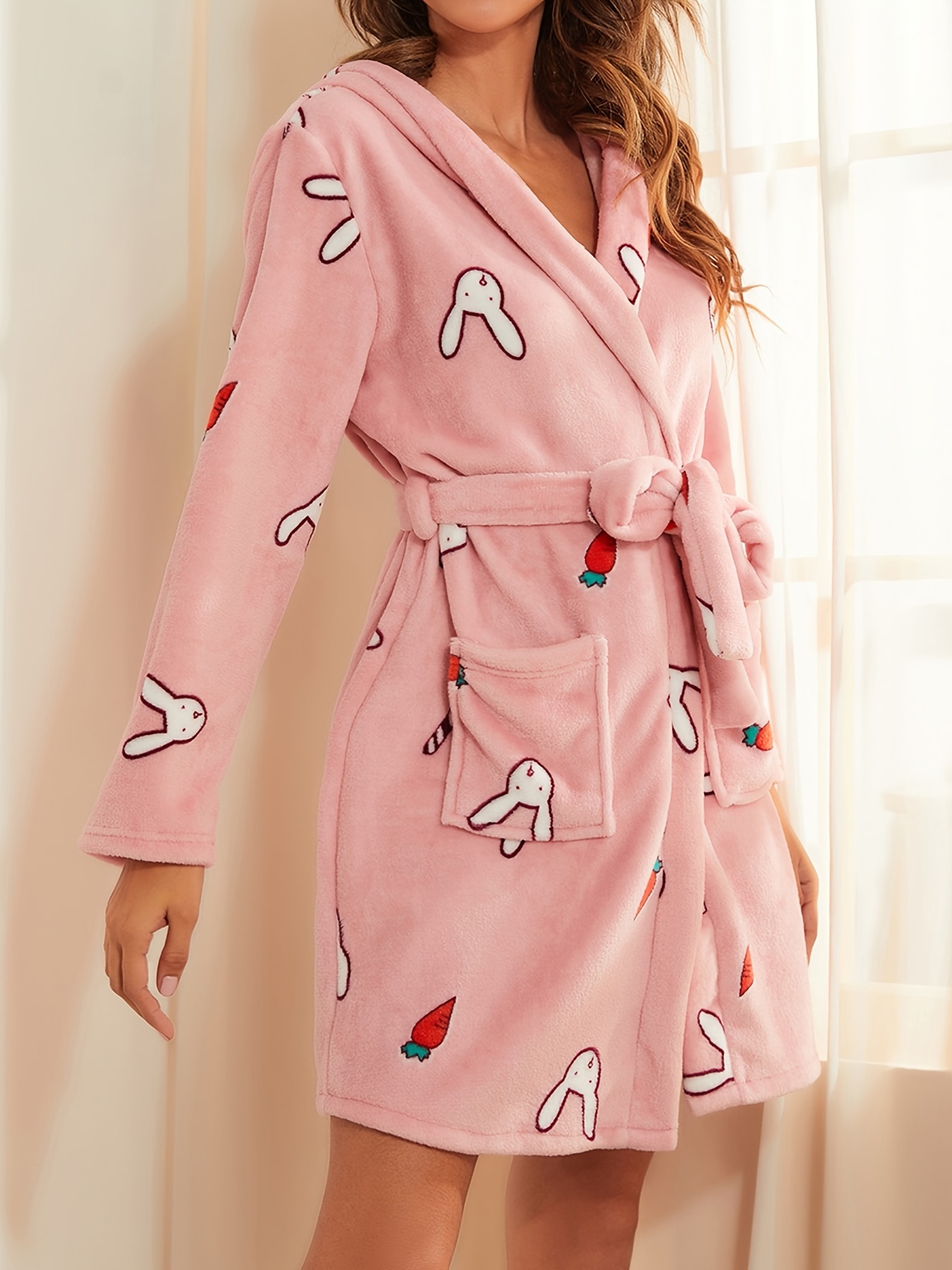 Cute Cartoon Cat Pattern House Robe, Warm & Fuzzy Hooded Lounge Robe With  Pockets, Casual Comfy Robes, Women's Sleepwear 