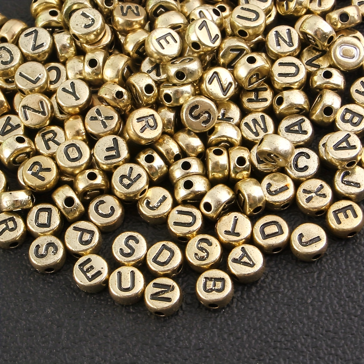 Gold Alphabet Bead With Letter Imprint Metallic Letter Beads Round