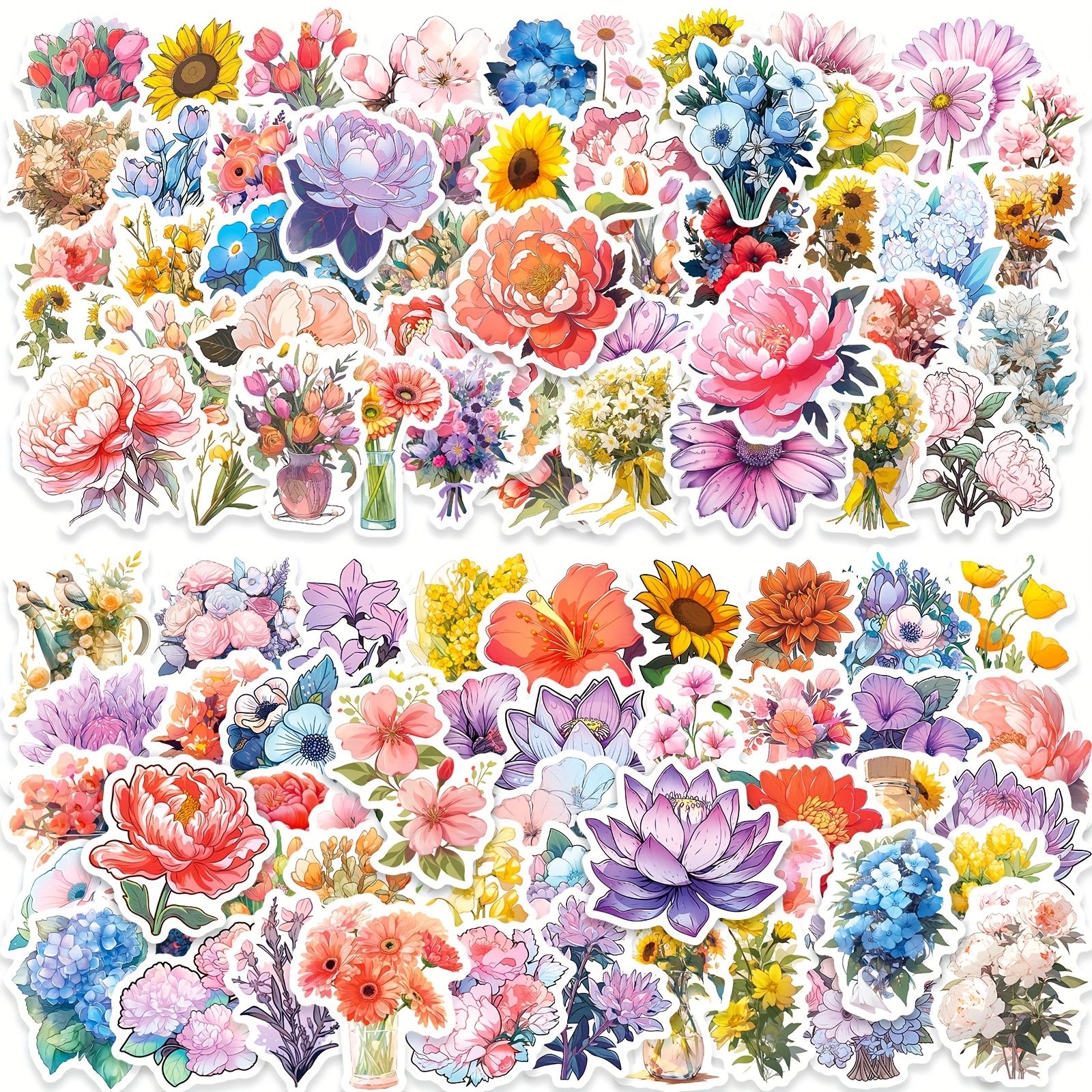 100pcs Flower Stickers Plant Flowers Rich Flowers Various Colors Flower  Stickers Journal Decoration Stickers