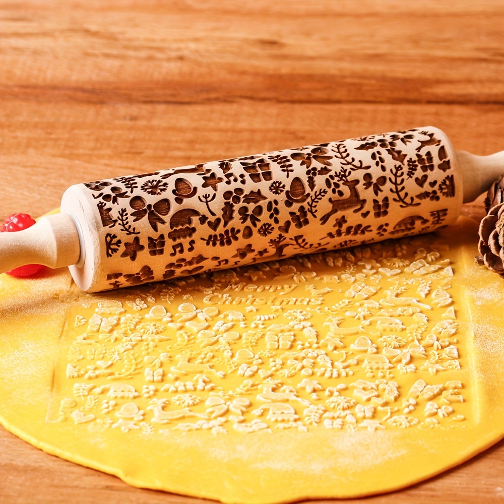 Embossed Wooden Rolling Pin, Embossing Rolling Pin for Baking Fondant,  Pizza, Pie, Pastry, Pasta, Dough, Cookies, Suitable Christmas, Father and