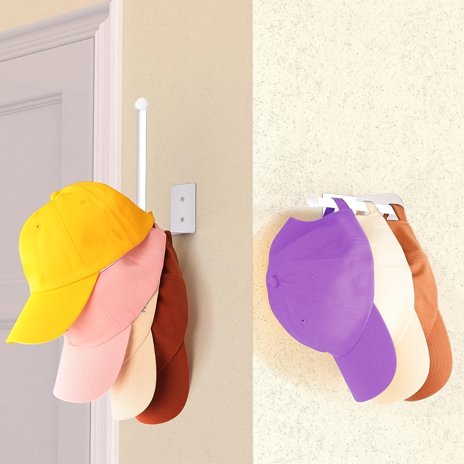 Wall-Mounted Double Hook Hat Rack for Baseball Cap Storage - Easy Install  Adhesive Holder for Hats, Towels, and More