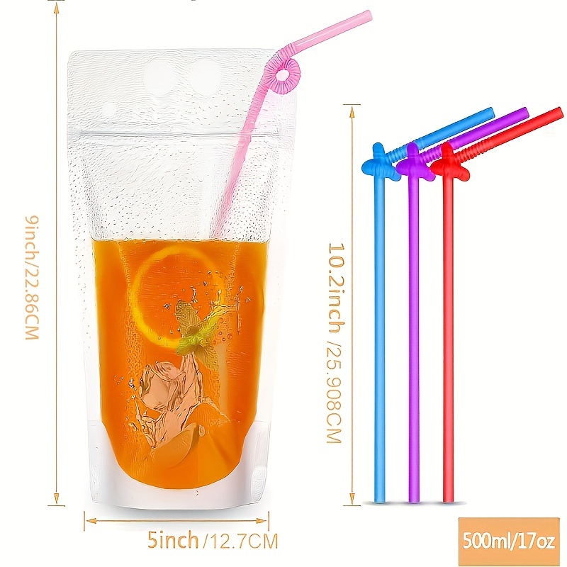 50 PCS Stand-Up Plastic Drink Pouches Bags with 50 Drink Straws, Heavy Duty  Hand-Held Translucent Reclosable Ice Drink Pouches Bag, Non-Toxic, for