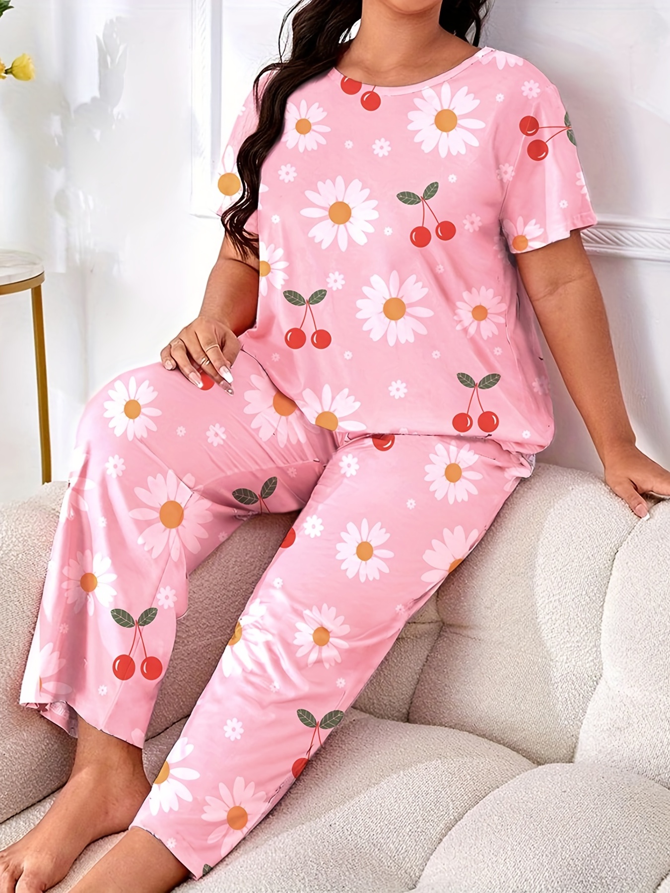 Plus Size Cute Pajama Set Women's Plus Peach Stripe Print - Temu