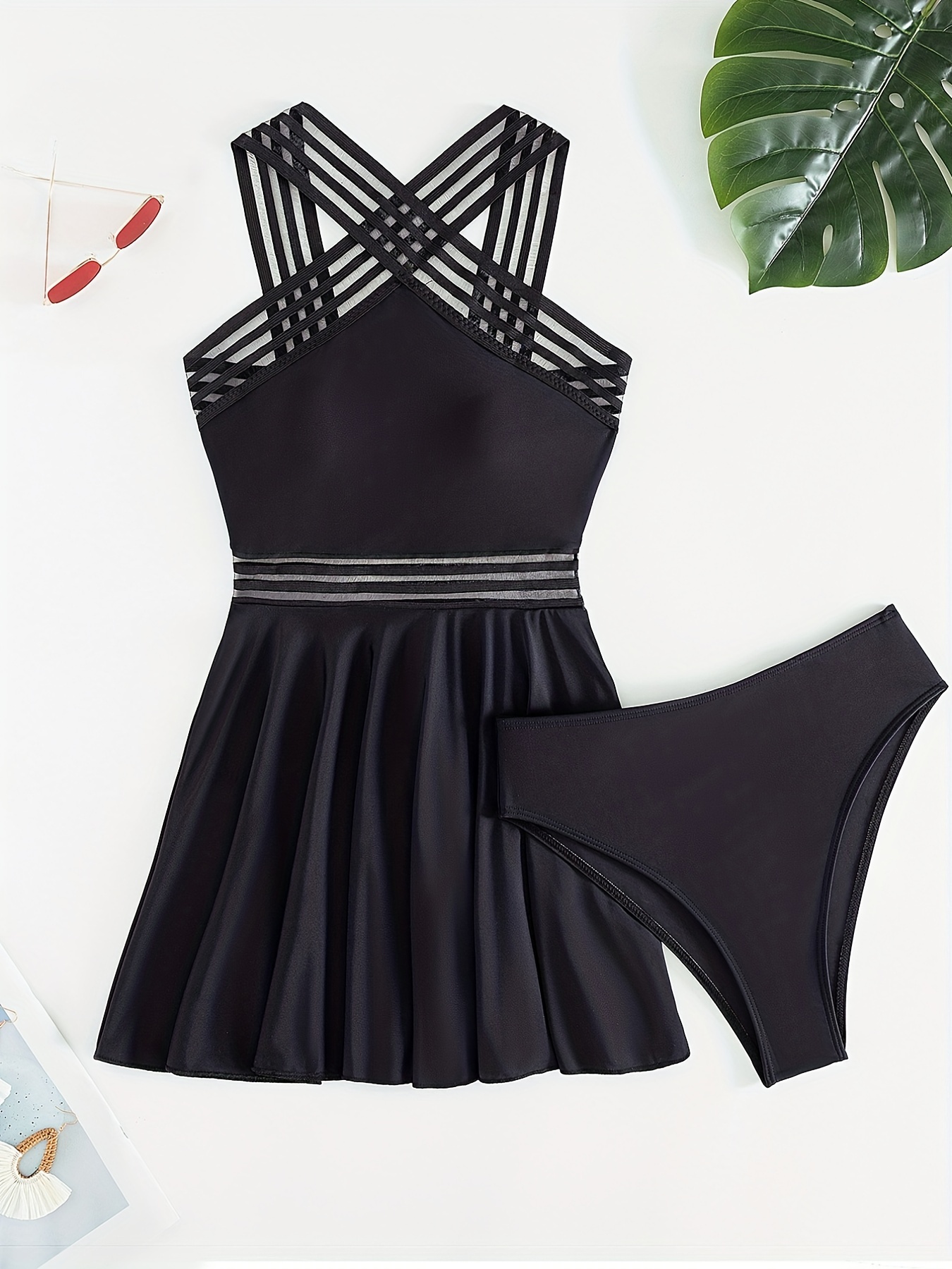 Black Contrast Mesh Tankini Sets Criss Cross Neck High - Temu