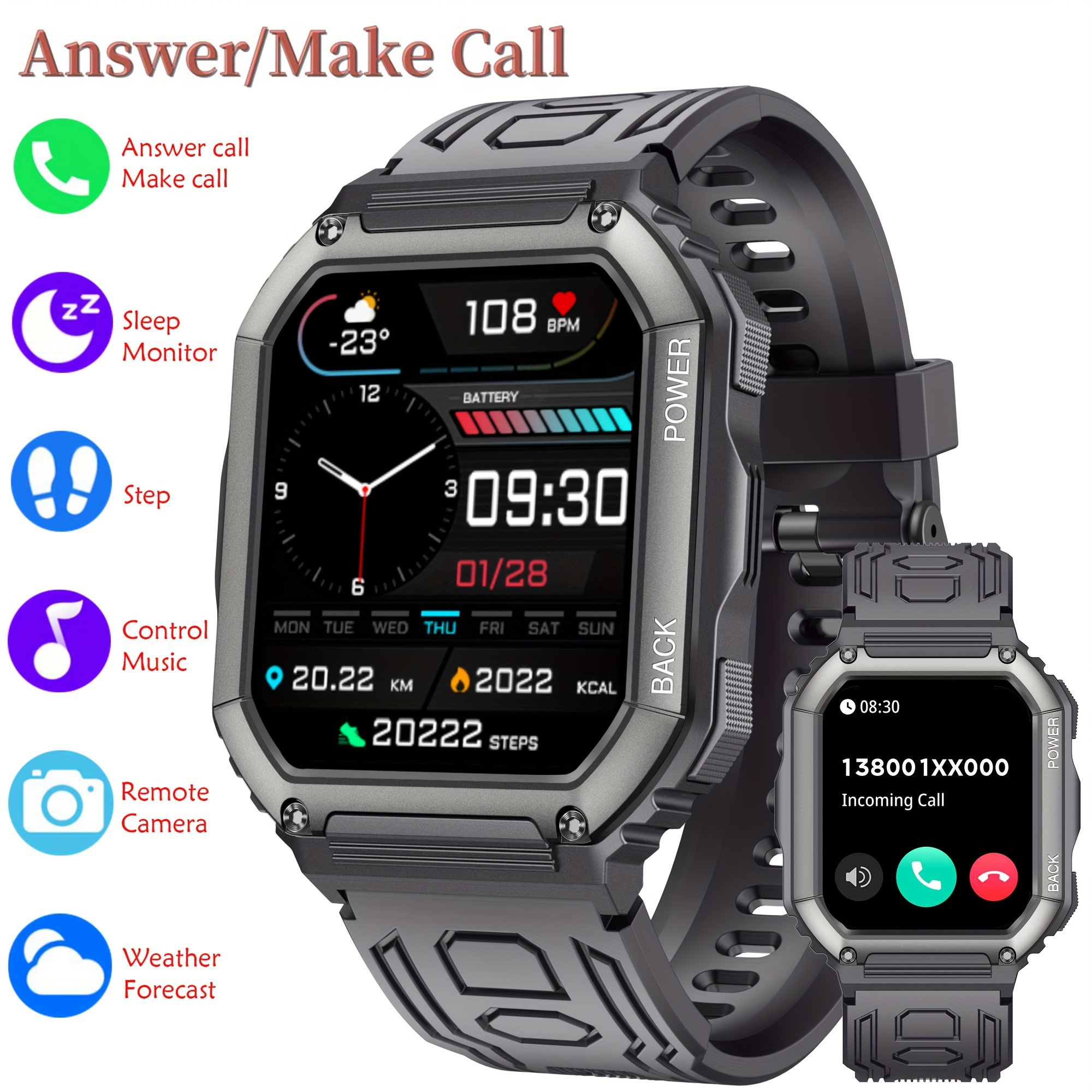 Reloj inteligente para iPhone Android con respuesta Bluetooth, hacer  llamadas, reloj inteligente deportivo para hombre, pantalla HD de 1.7  pulgadas