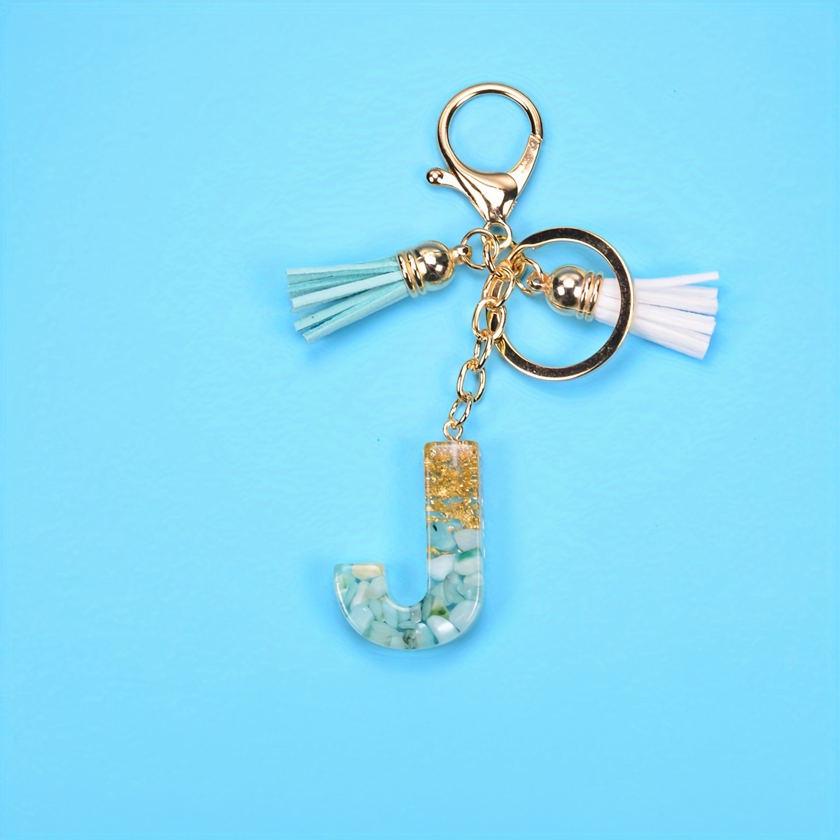 Gold Keychain - Collegiate Light Blue + White Tassel 