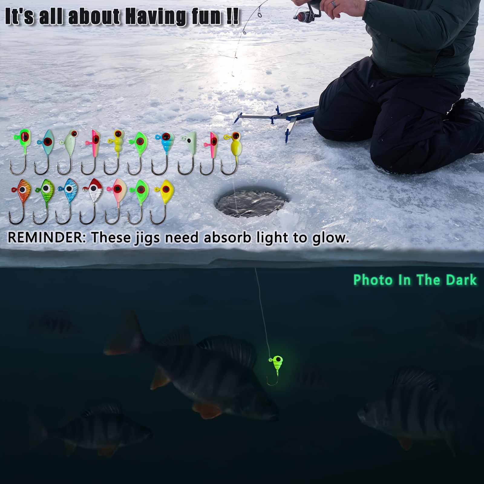 Dovesun Ice Fishing Jigs Kit, Ice Fishing Lures Glow in The Dark