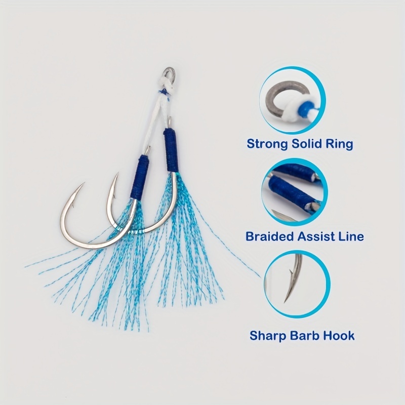 5pcs Blue Fishing Assist Double Hooks with Reflective Tassels