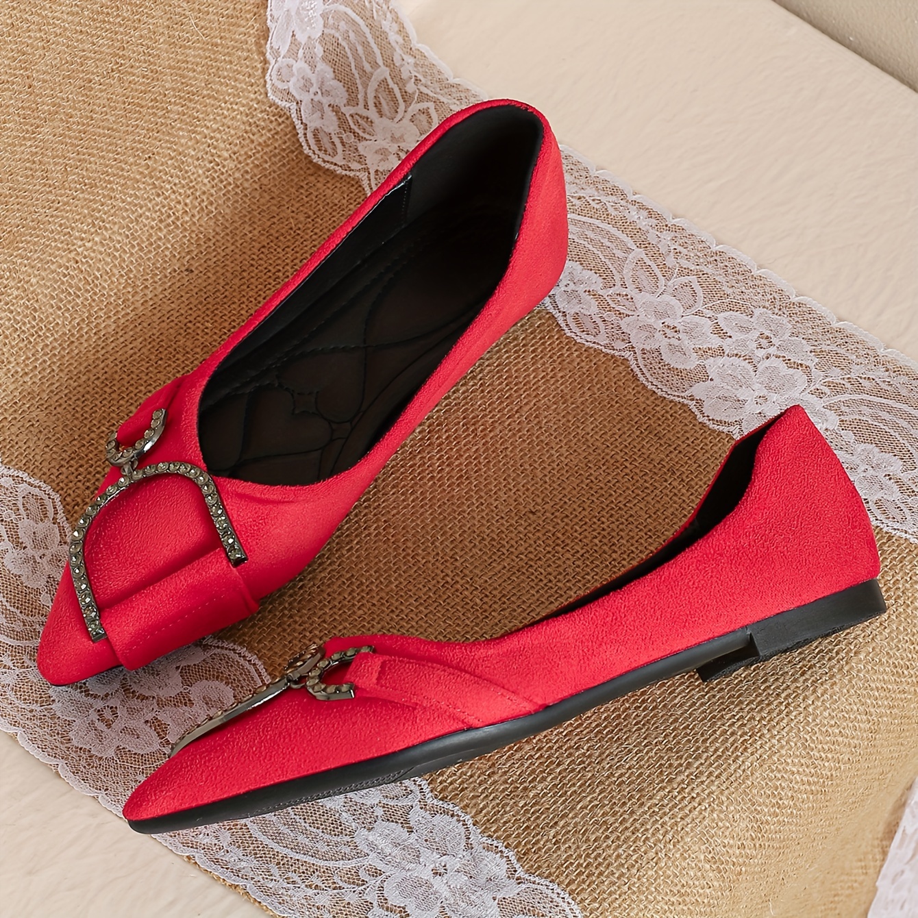 Women's Wide Width Flats (EU 7-8/US 4-5) Rich Red Pointed Toe Slip-On  Shoes with Decorative Breathable Fabric Upper Comfortable Rubber Sole 