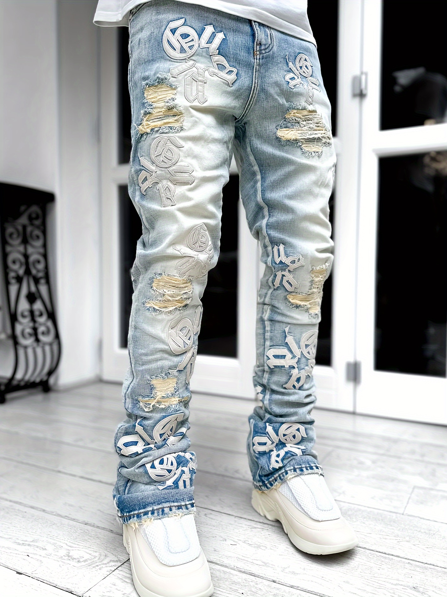 Men's Letter Embroidery Jeans Chic Street Style Retro Denim - Temu
