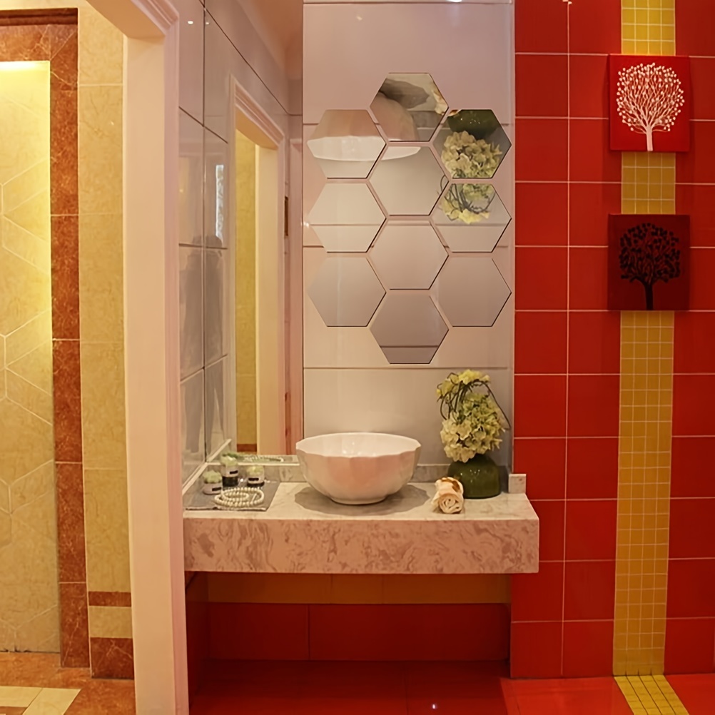 12pcs 3D Hexagon Mirror Wall Decals Self Adhesive Bathroom Removable Stic