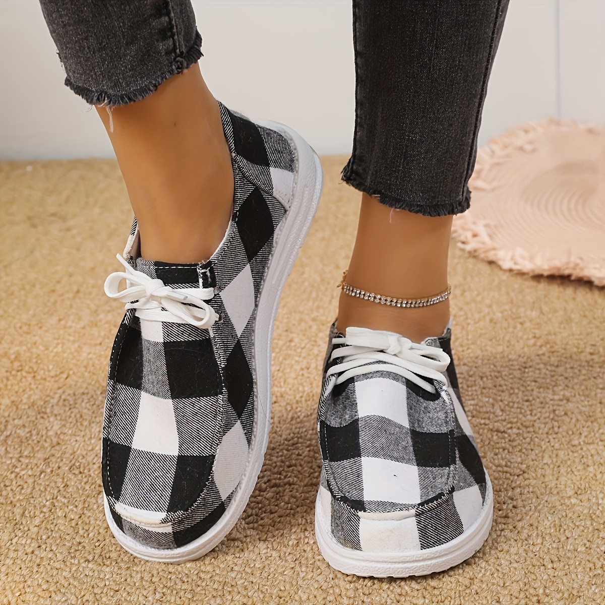 Cycle-Topshop Buffalo Plaid Slip On Shoes Flat Sole Lace Up Casual Canvas  Shoes For Women Christmas New 