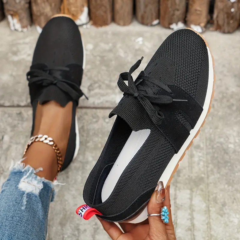 women's solid color trendy sneakers lace soft sole flat 36 black 9