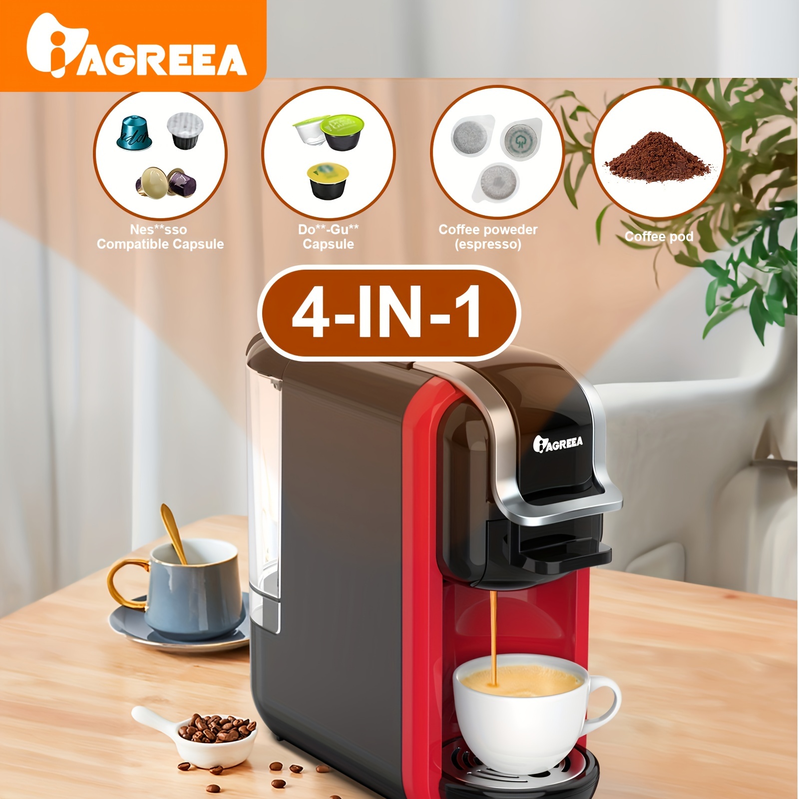 1 Máquina De Café En Cápsulas Multifuncional IAGREEA, Espresso Italiano,  Cuatro En *** Compatible Con Nespresso Original/Ice Gusto/ESE En Granos De C
